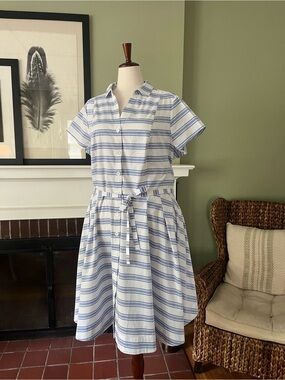 NWOT Ellos Blue & White Striped Cotton Poplin Shirt Dress with Pockets